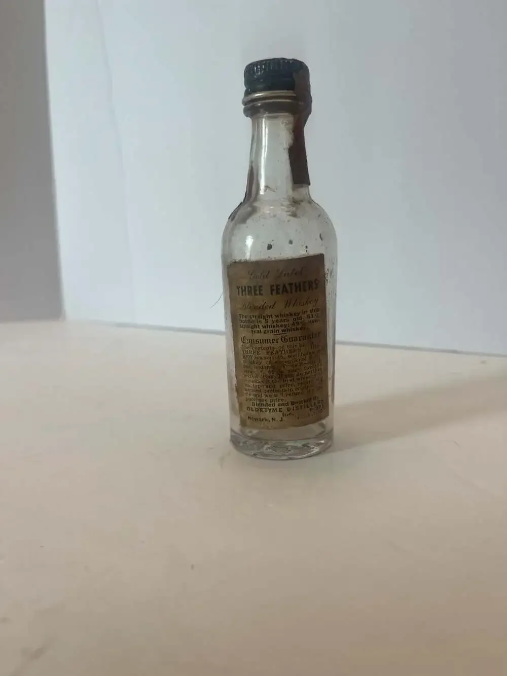 Vintage Three Feathers Blended Whiskey Miniature Glass Bottle